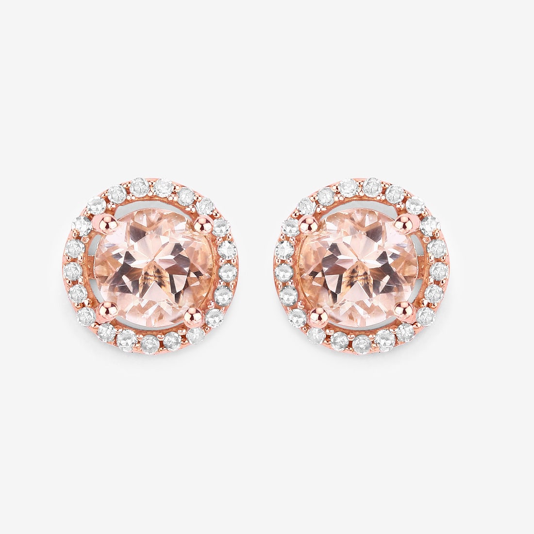 14KT Rose Gold 0.93ctw Morganite and White Diamond Earrings: Morganite Round/5.00mm - 2/0.82 ctw Prong Setting Natural Irradiated E + White Diamond Round/0.80mm - 42/0.11 ctw Natural Not Treated N H-I I1 Total weight of 1.73 grams.