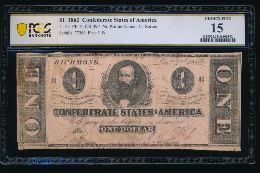 1862 $1 T-55 Confederate PCGS 15: One 1862 $1 T-55 Confederate PCGS 15.