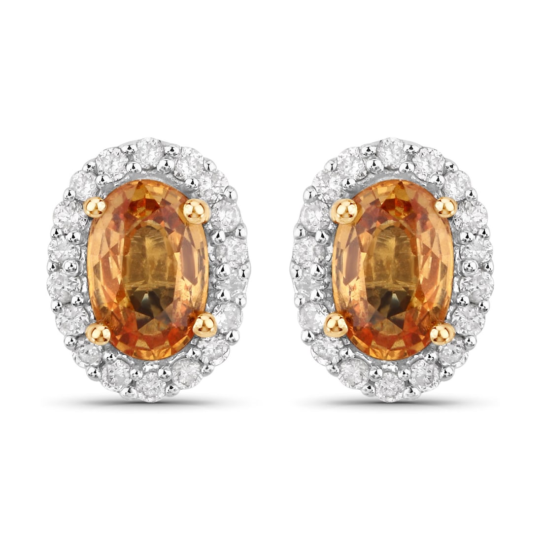 14KT Yellow Gold 1.66ctw Orange Sapphire and White Diamond Earrings: Orange Sapphire Oval/6x4mm - 2/1.50 ctw Prong Setting Natural Heat Treated E + White Diamond Round/1.00mm - 36/0.16 ctw Natural Not Treated N H-I I1 Total weight of 1.66 grams.