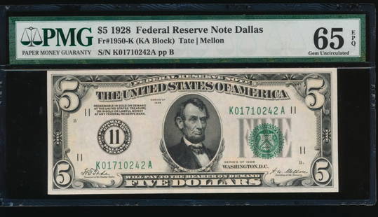 1928 $5 Dallas FRN PMG 65EPQ: One 1928 $5 Dallas FRN PMG 65EPQ.