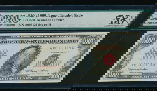 1966 $100 Legal Tender Note PMG 58EPQ: One 1966 $100 Legal Tender Note PMG 58EPQ.
