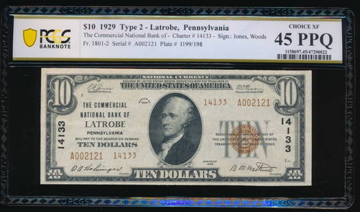 1929 $10 Latrobe PA National PCGS 45PPQ: One 1929 $10 Latrobe PA National PCGS 45PPQ.