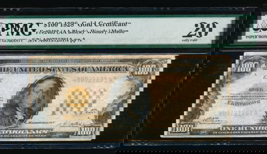 1928 $100 Gold Certificate PMG 20: One 1928 $100 Gold Certificate PMG 20.