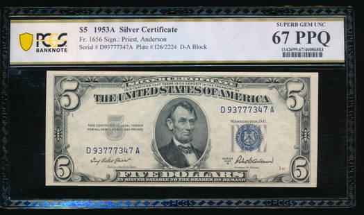 1953A $5 Silver Certificate PCGS 67PPQ: One 1953A $5 Silver Certificate PCGS 67PPQ.