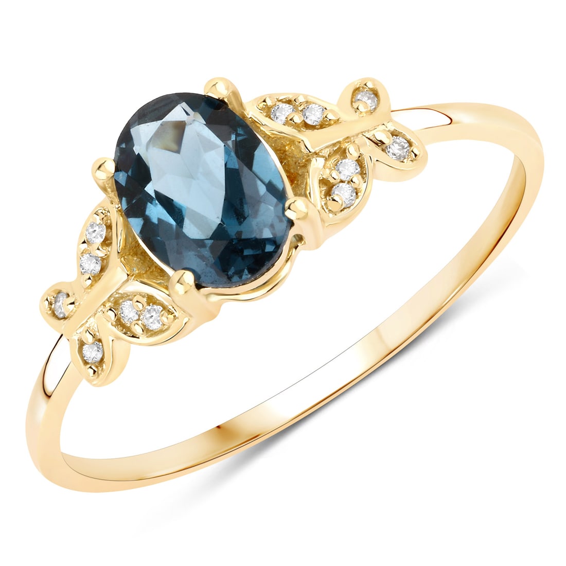 14KT Yellow Gold 0.93ctw London Blue Topaz and White Diamond Ring: London Blue Topaz Oval/7x5mm - 1/0.90 ctw Prong Setting Natural Irradiated E + White Diamond Round/0.80mm - 12/0.03 ctw Natural Not Treated N H-I I1. Ring size 7. Total weight of 1.63 grams.