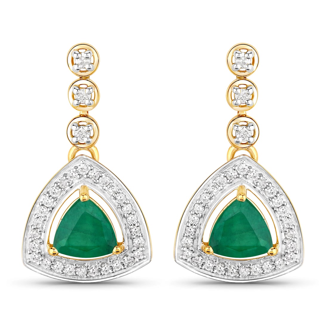14KT Yellow Gold 1.39ctw Zambian Emerald and White Diamond Earrings: Zambian Emerald Trillion/5.50mm - 2/1.08 ctw Prong Setting Natural Oiled + White Diamond Round/1.30mm - 6/0.06 ctw Natural Not Treated N H-I I1 + White Diamond Round/1.00mm - 54/0.25 ctw Natural Not T