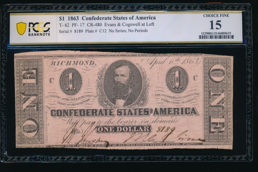 1863 $1 T-62 Confederate PCGS 15: One 1863 $1 T-62 Confederate PCGS 15.