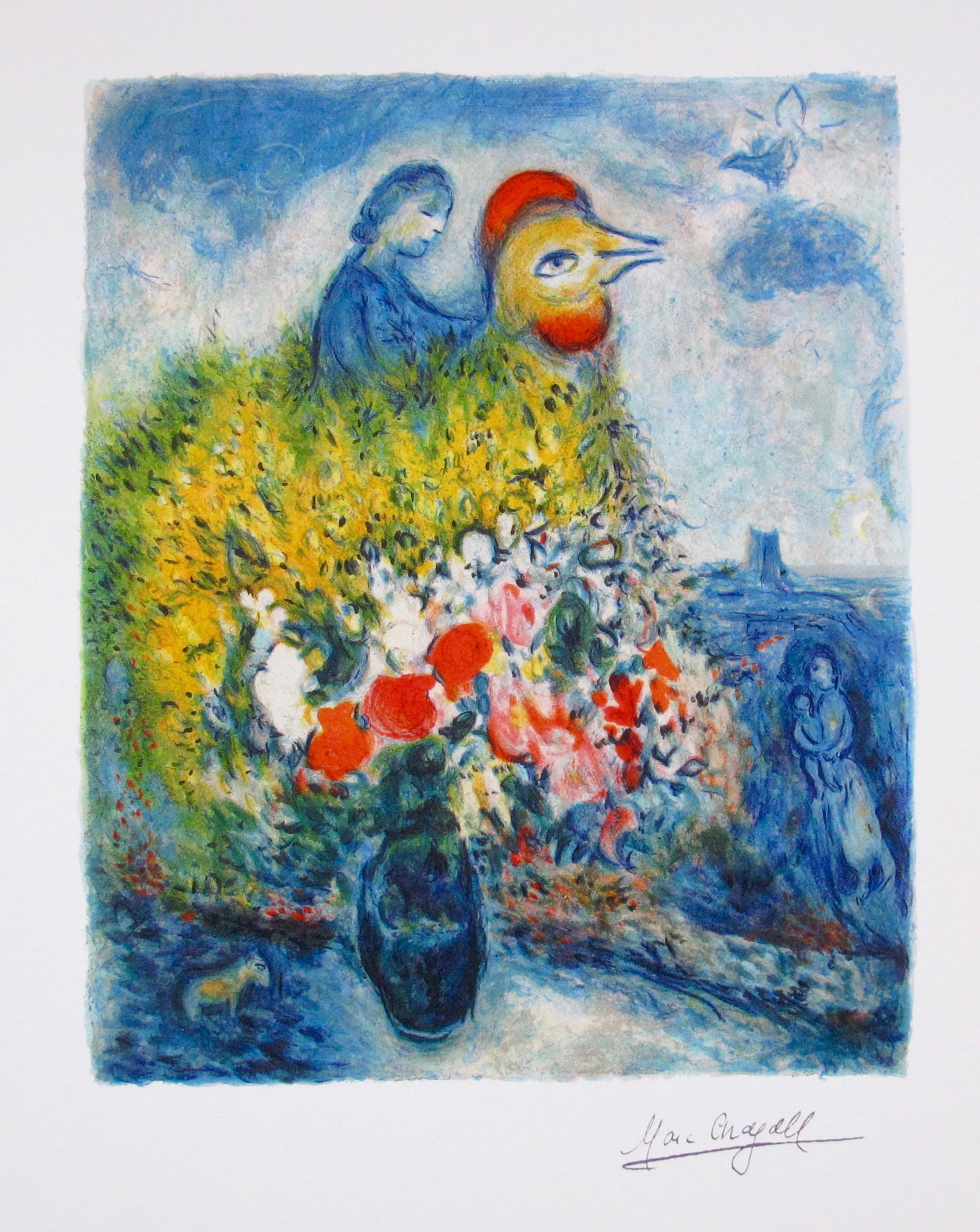 Marc Chagall Le Coq Avec Le Bouquet Jaune: Marc Chagall limited edition small giclee titled “LE COQ AVEC LE BOUQUET JAUNE”. This giclee is facsimile signed on the lower right and is pencil numbered on the lower left from an edition of