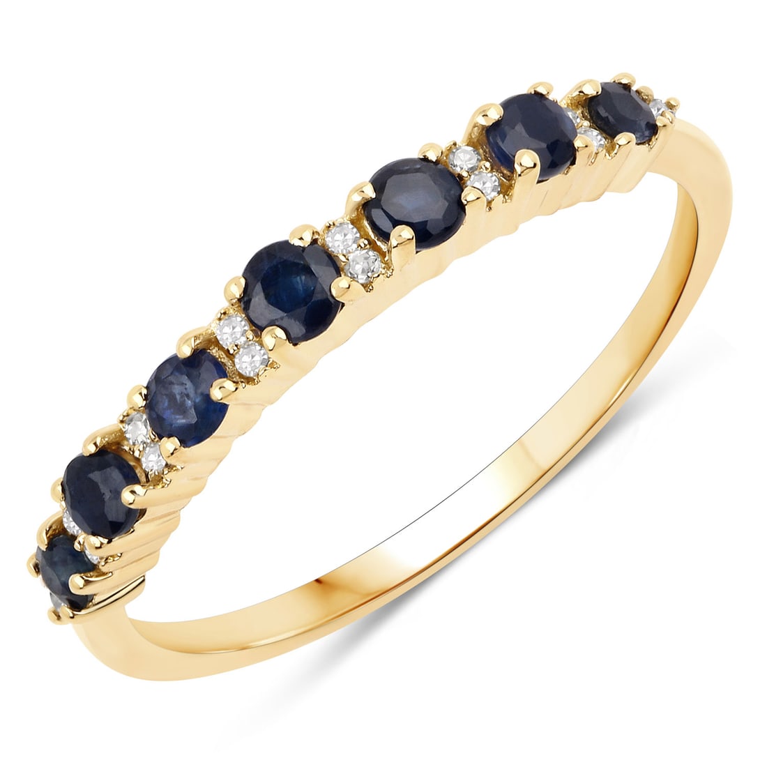 14KT Yellow Gold 0.43ctw Blue Sapphire and White Diamond Ring: Blue Sapphire Round/2.60mm - 1/0.08 ctw Prong Setting Natural Heat Treated E + Blue Sapphire Round/2.40mm - 2/0.14 ctw Natural Heat Treated E + Blue Sapphire Round/2.20mm - 2/0.10 ctw Natural Heat Tre