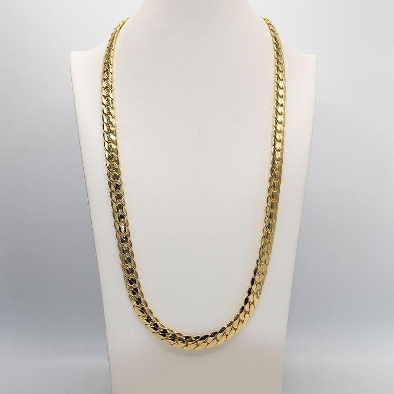 Plated 14KT Gold Cuban Link Necklace 165 Grams: Huge 165.5 Gram 14 Kt Gold Plated Cuban Link Chain Necklace. This 14 kt Stamped Cuban chain necklace is a fine solid Italian link cut.30 inches long and a healthy 12 mm. thick. Shows like solid gold w