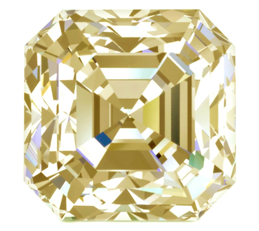 Dazzling 4.68 Ct Yellow Asscher Cut Moissanite: Dazzling 4.68 Ct VVs1 Fancy Asscher Cut Fire Moissanite. This VVs1 Moissanite Fancy Asscher Cut Measures 9 x 9.2 mm. It is near flawless and bursting out with a full spectrum of colors. With a refract