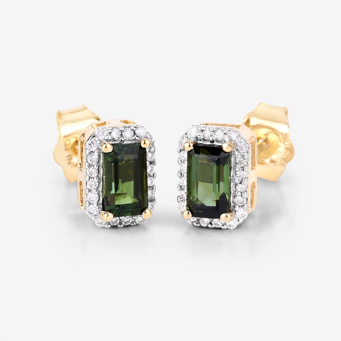 14KT Yellow Gold 0.76ctw Green Tourmaline and White Diamond Earrings: Green Tourmaline Octagon/5x3mm - 2/0.64 ctw Prong Setting Natural Irradiated N + White Diamond Round/0.80mm - 40/0.12 ctw Natural Not Treated N H-I I1 Total weight of 1.47 grams.