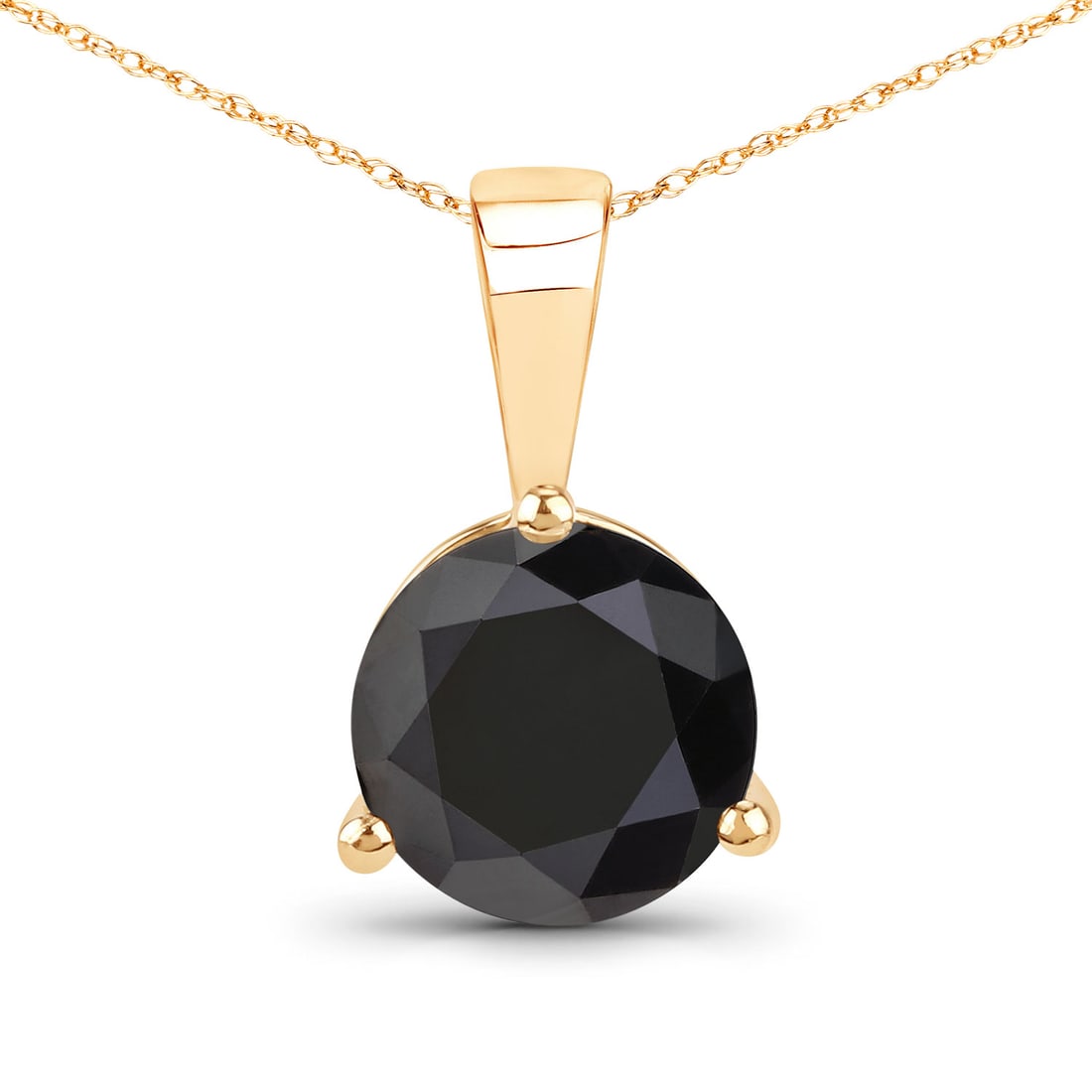 14KT Yellow Gold 2.45ctw Black Diamond Pendant: Black Diamond Round/7.80-8.40mm - 1/2.45 ctw Prong Setting Natural Irradiated N. 18 inch chain. Total weight of 1.58 grams.