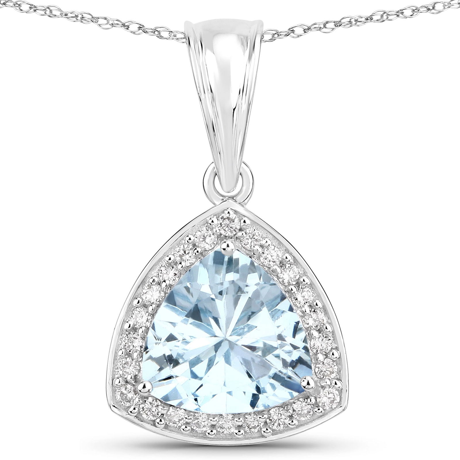 14KT White Gold 2.24ctw Aquamarine and White Diamond Pendant: Aquamarine Trillion/9.00mm - 1/2.05 ctw Prong Setting Natural Heat Treated E + White Diamond Round/1.20mm - 24/0.19 ctw Natural Not Treated N H-I I1. 18 inch chain. Total weight of 2.52 grams.