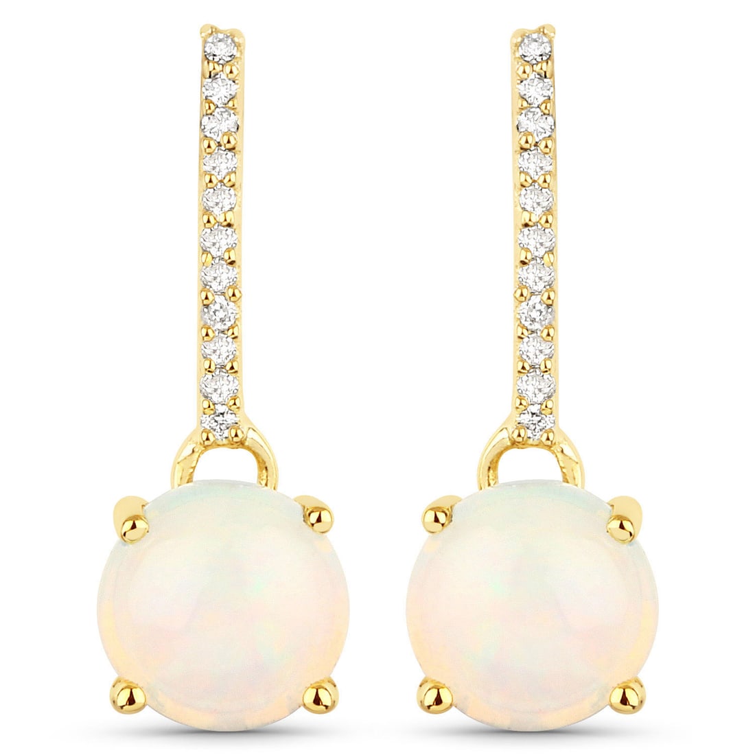 10KT Yellow Gold 1.06ctw Ethiopian Opal and White Diamond Earrings: Ethiopian Opal Round/6.00mm - 2/1.00 ctw Prong Setting Natural Not Treated N + White Diamond Round/0.80mm - 22/0.06 ctw Natural Not Treated N Total weight of 1.5 grams.