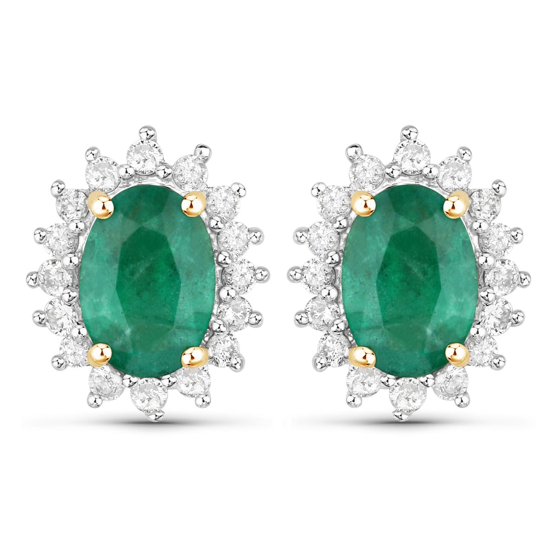 14KT Yellow Gold 1.86ctw Zambian Emerald and White Diamond Earrings: Zambian Emerald Oval/7x5mm - 2/1.54 ctw Prong Setting Natural Oiled + White Diamond Round/1.30mm - 32/0.32 ctw Natural Not Treated N H-I I1 Total weight of 2 grams.