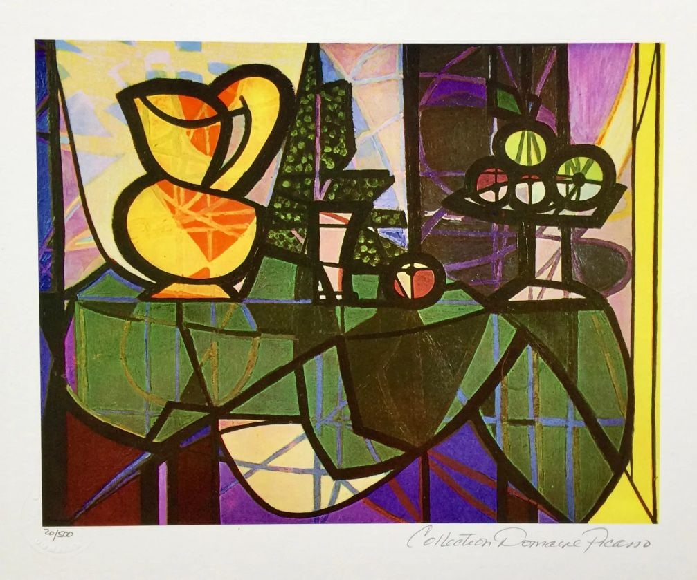 Pitcher and Bowl of Fruit Giclee: Pitcher and Bowl of Fruit Giclee by Picasso Estate signed. Pencil numbered from an edition of 500.Paper measures 11.5 inches x 13.5 inches. Image measures 9 inches x 11.5 inches. Made on thick quality