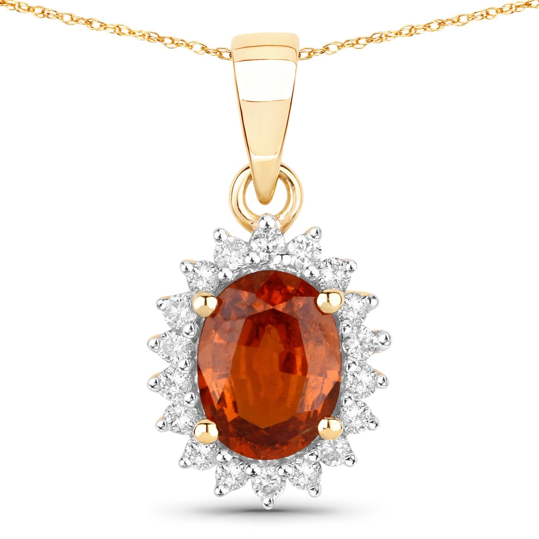 14KT Yellow Gold 1.87ctw Spessartite Garnet and White Diamond Pendant: Spessartite Garnet Oval/ 8x6mm - 1/1.67 ctw Prong Setting + White Diamond Round/1.40mm - 18/0.20 ctw Natural Not Treated N H-I I1. 18 inch chain. Total weight of 1.88 grams.