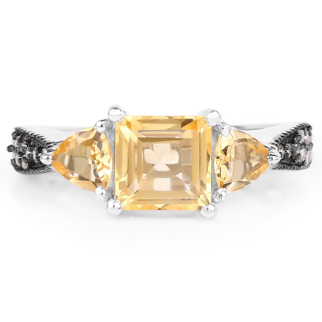 Plated Rhodium 2.55ctw Citrine and Diamond Ring: 2.61 Carat Genuine Citrine and Champagne Diamond.925 Sterling Silver Ring. Citrine Square/7.00mm - 1/1.65 ctw Natural Heat Treated N + Citrine Trillion/5.00mm - 2/0.90 ctw Natural Heat Treated N + Cha