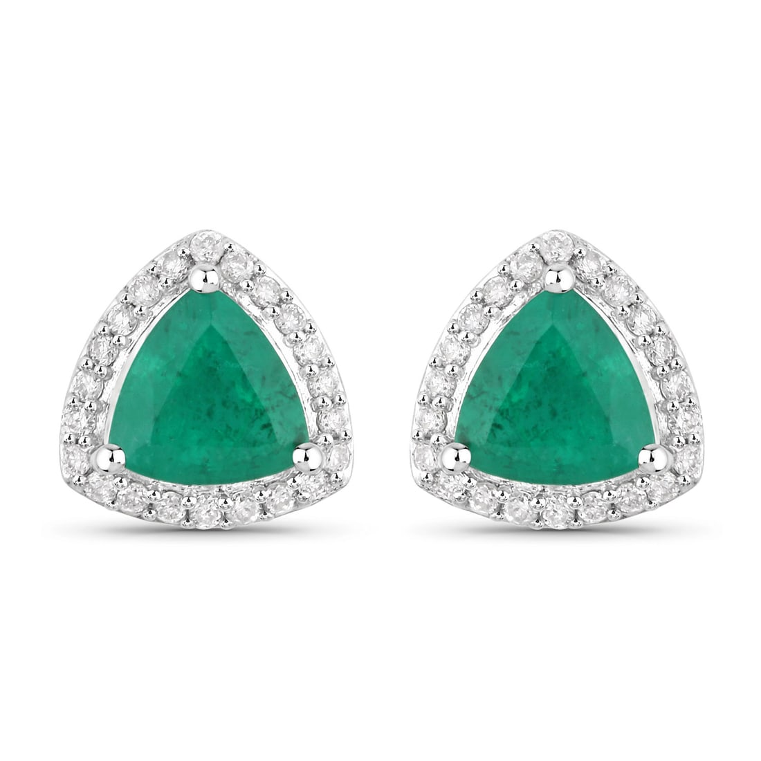 14KT White Gold 1.27ctw Zambian Emerald and White Diamond Earrings: Zambian Emerald Trillion/5.50mm - 2/1.12 ctw Prong Setting Natural Oiled + White Diamond Round/0.90mm - 44/0.15 ctw Natural Not Treated N H-I I1 Total weight of 1.8 grams.