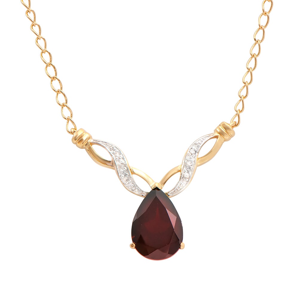 Plated 18KT Yellow Gold 3.75ct Garnet and Diamond Pendant with Chain: One Plated 18KT Yellow Gold 3.75ct Garnet and Diamond Pendant with Chain. (1) Garnet stone with a total weight of 3.75cts. Diamonds with a total weight of 0.05cts with a color of I-J and clarity of I-