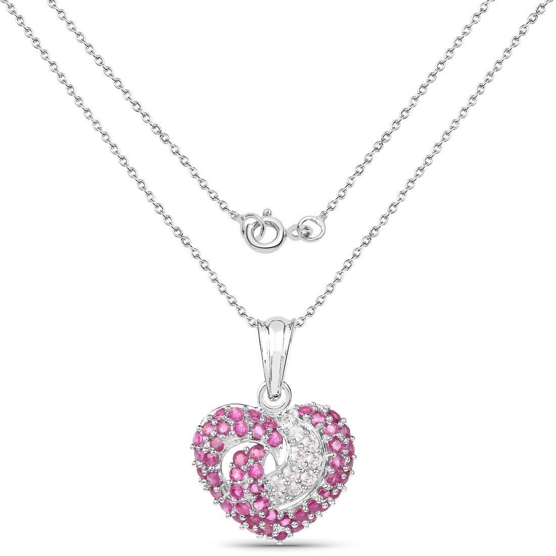 Plated Rhodium 2.25ctw Ruby and White Sapphire Pendant with Chain: 2.75 Carat Genuine Ruby & White Sapphire.925 Sterling Silver Pendant. Ruby Round/1.90-2.00mm - 50/2.25 ctw Natural Heat Treated F + White Sapphire Round/1.90mm - 10/0.50 ctw Natural Heat Treated E. To