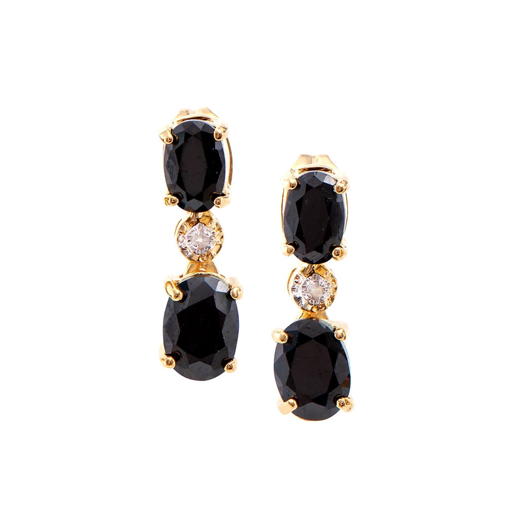 Plated 18KT Yellow Gold 3.30ctw Black Sapphire and Diamond Earrings: One Plated 18KT Yellow Gold 3.30ctw Black Sapphire and Diamond Earrings. 2 pieces of Oval Sapphires measuring 7x5mm. 2 pieces of Oval Sapphires measuring 6x4mm. 2 pieces of 1.1mm round diamonds. Total