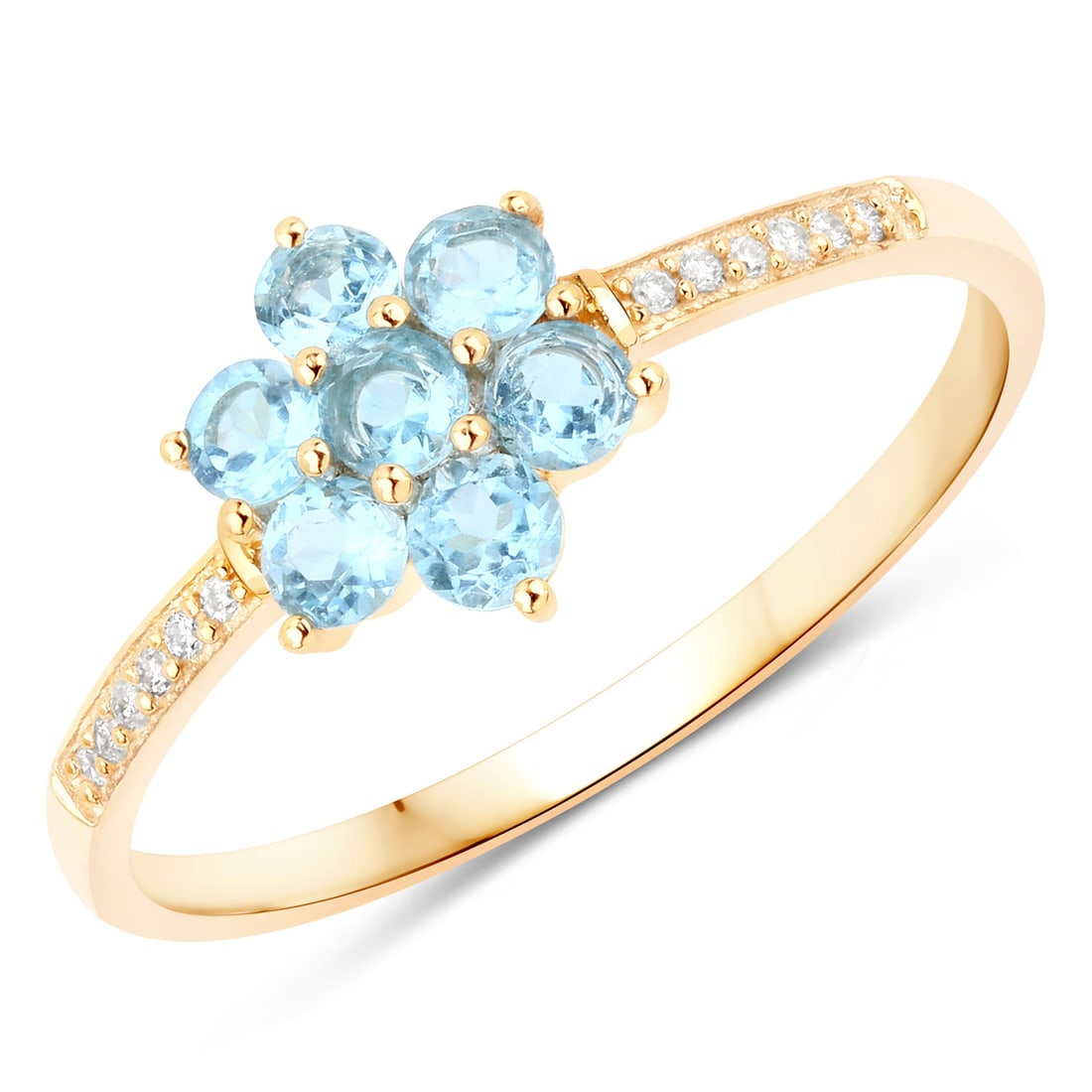 10KT Yellow Gold 0.57ctw Swiss Blue Topaz and White Diamond Ring: Swiss Blue Topaz Round/2.50mm - 7/0.53 ctw Prong Setting Natural Irradiated E + White Diamond Round/0.80mm - 12/0.04 ctw Natural Not Treated N H-I I1. Ring size 7. Total weight of 1.18 grams.