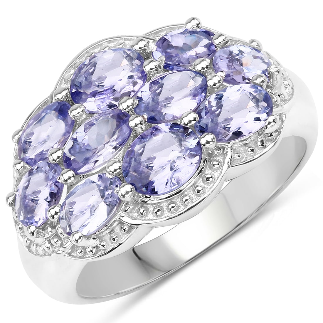 Plated Rhodium 2.66ctw Tanzanite Ring: 2.66 Carat Genuine Tanzanite.925 Sterling Silver Ring. Tanzanite Oval/5x4mm - 2/0.66 ctw Natural Heat Treated E + Tanzanite Oval/5x3mm - 8/2.00 ctw Natural Heat Treated E. Total weight 4.11 grams. Rin