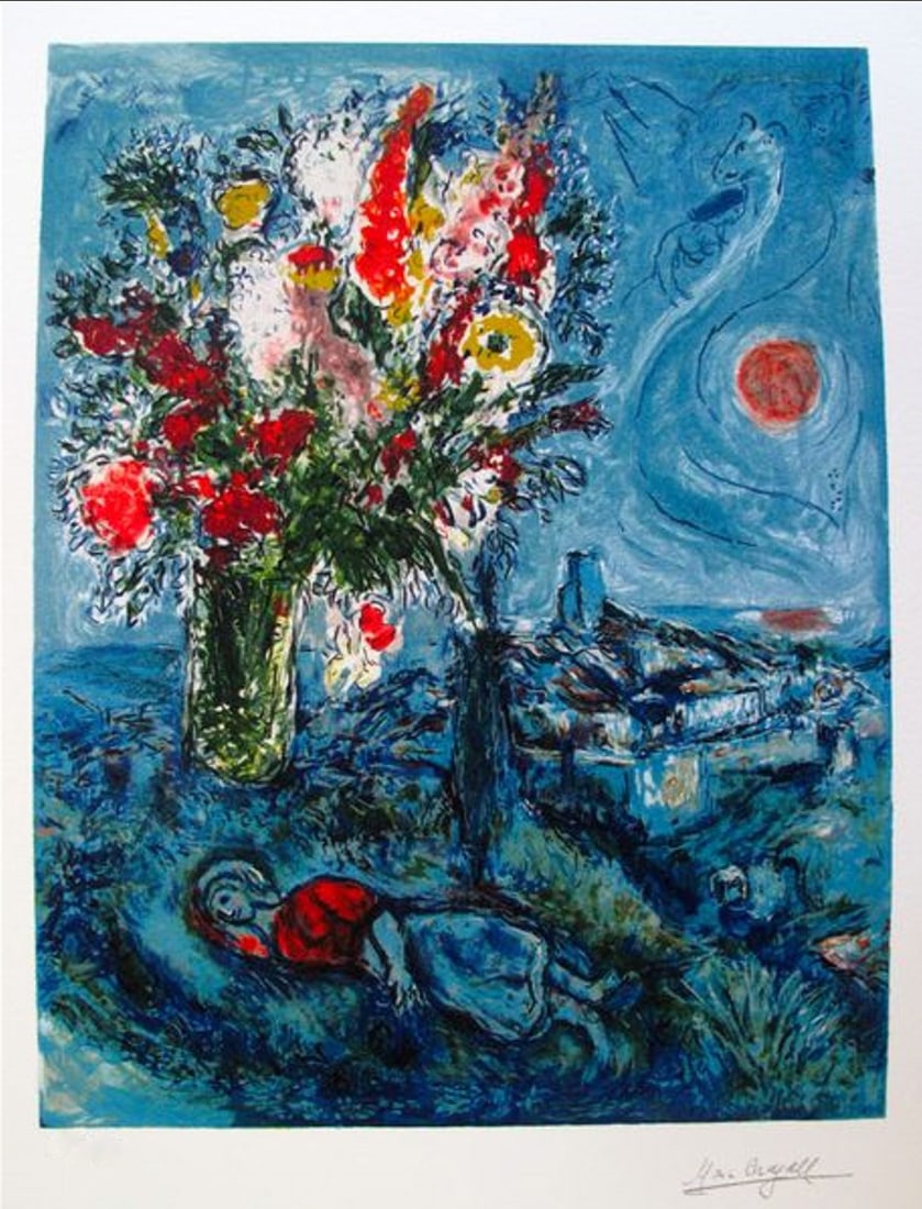 Marc Chagall La Dormeuse Aux Fleurs: Marc Chagall limited edition small giclee titled “LA DORMEUSE AUX FLEURS”. This giclee is facsimile signed on the lower right and is pencil numbered on the lower left from an edition of 375. P
