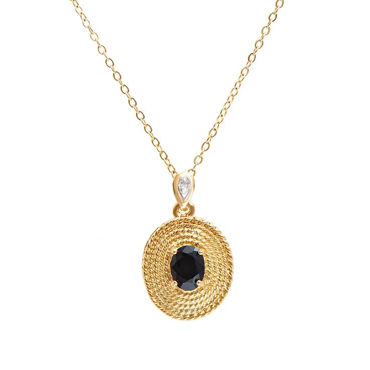 Plated 18KT Yellow Gold 1.52cts Sapphire and Diamond Necklace: One Plated 18KT Yellow Gold 1.52cts Sapphire and Diamond Necklace 18 in. (1) Black Sapphire stones with a total weight of 1.51cts. (1) diamonds with a total of 0.01cts with a color of H-I and clarity 