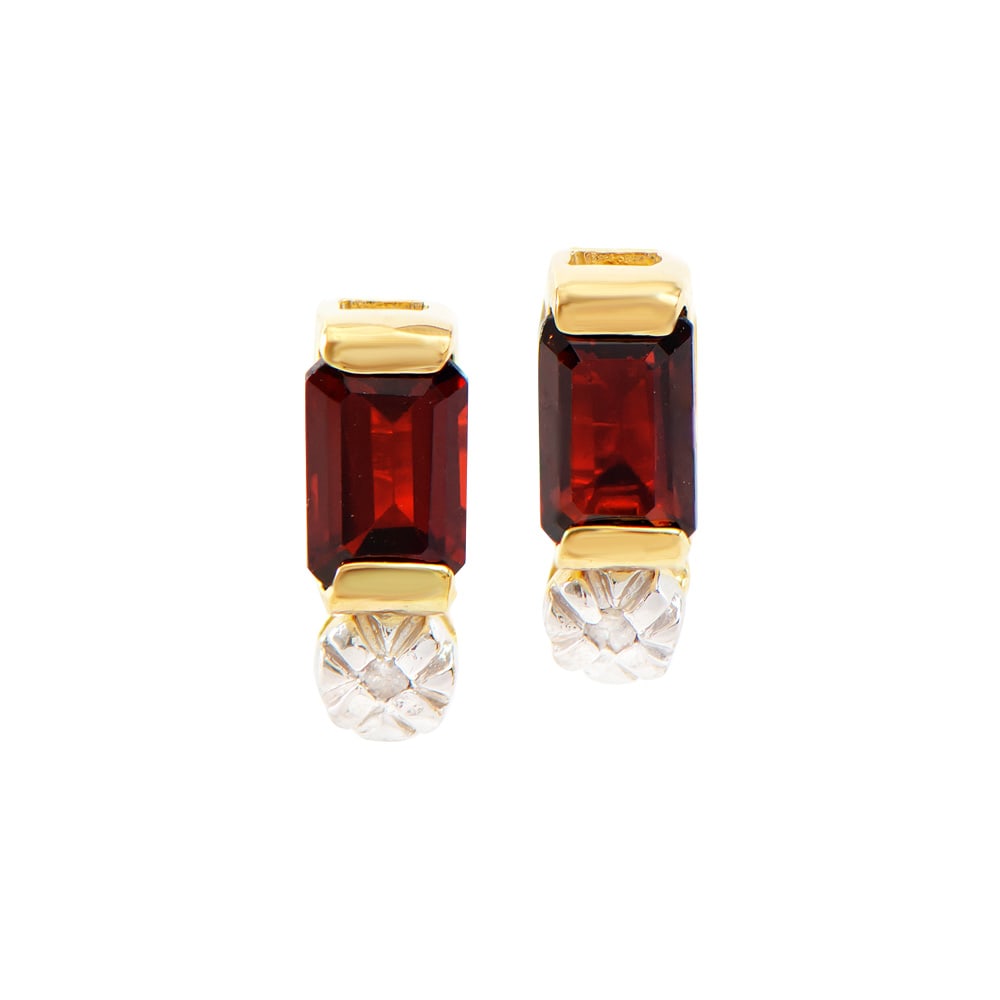 Plated 18KT Yellow Gold 1.15ctw Garnet and Diamond Earrings: One pair of Plated 18KT Yellow Gold 1.15ctw Garnet and Diamond Earrings. (2) Garnet stones with a total weight of 1.15cts. Diamonds with a total weight of 0.015cts with a color of I-J and with a clari