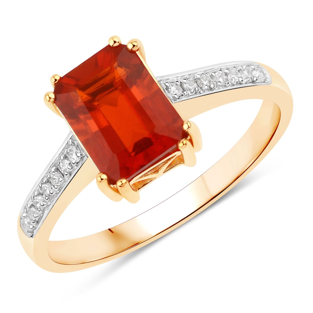 14KT Yellow Gold 1.11ctw Fire Opal and White Diamond Ring: Opal Octagon/8x6mm - 1/1.02 ctw Prong Setting Natural Not Treated N + White Diamond Round/1.10mm - 14/0.09 ctw Natural Not Treated N H-I I1. Ring size 7. Total weight of 2.74 grams.