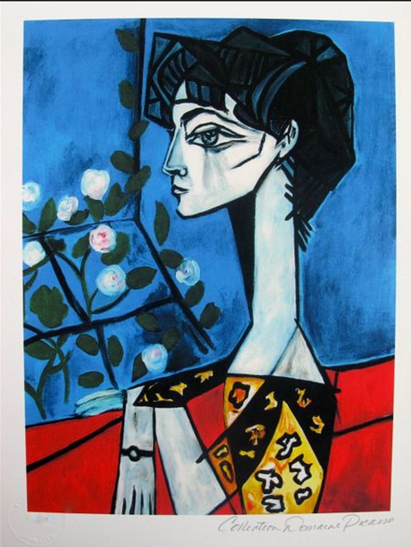Pablo Picasso Jacqueline Roque With Flowers Giclee: PABLO PICASSO (ESTATE COLLECTION DOMAINE) (1881-1973) small giclee titled “JACQUELINE ROQUE WITH FLOWERS”. This piece is pencil signed on the lower right as ‘Collection Domaine Picasso’ an