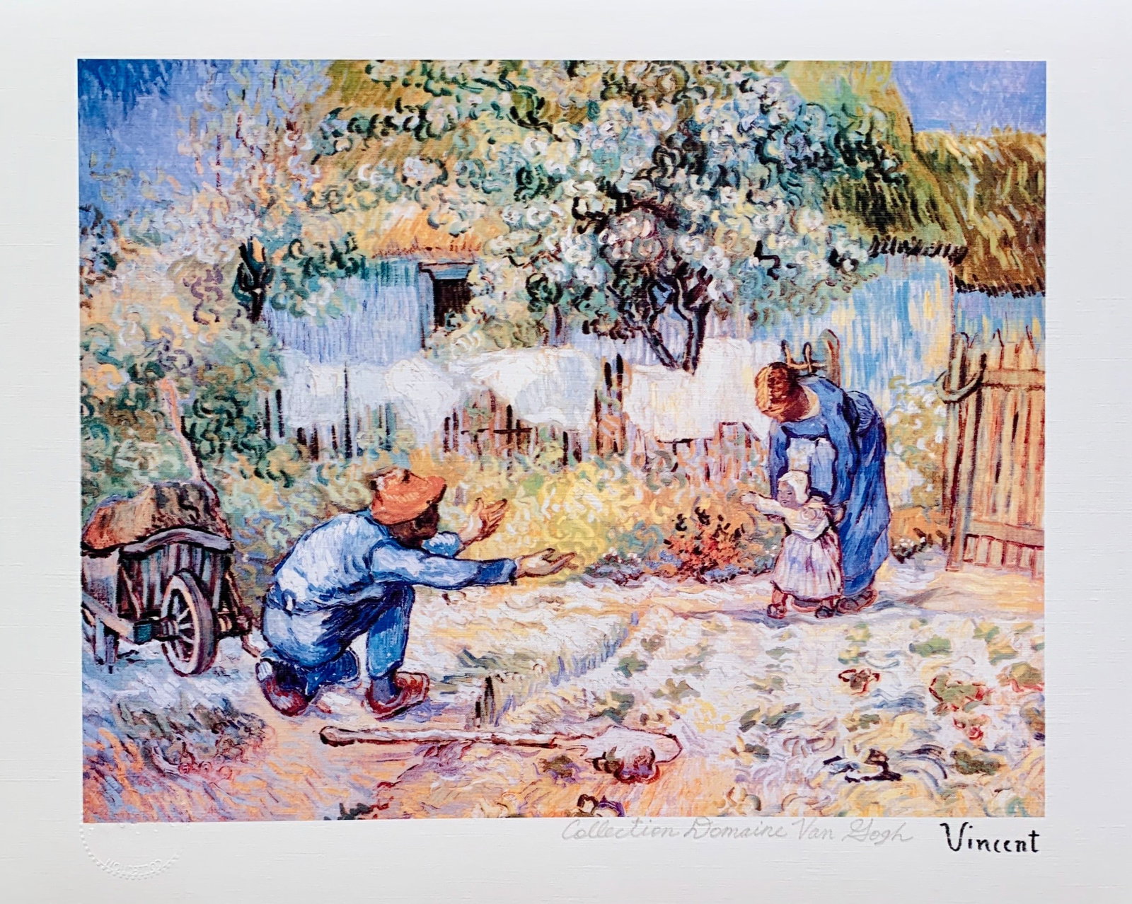 First Steps by Vincent Van Gogh Estate Signed Giclee: Reproduction giclee titled “FIRST STEPS”. This piece is pencil signed on the lower right as ‘Collection Domaine Van Gogh’ and has an embossed seal stamped by the Estate Domaine. Pencil num