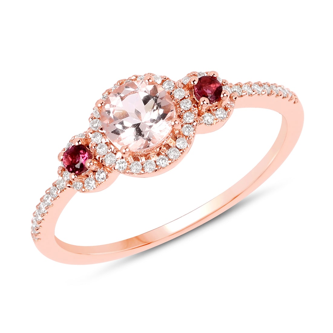14KT Rose Gold 0.63ctw Morganite, Pink Tourmaline and White Diamond Ring: Morganite Round/5.00mm - 1/0.41 ctw Prong Setting Natural Irradiated E + Pink Tourmaline Round/2.00mm - 2/0.07 ctw Natural Irradiated N + White Diamond Round/0.80mm - 51/0.15 ctw Natural Not Treated N