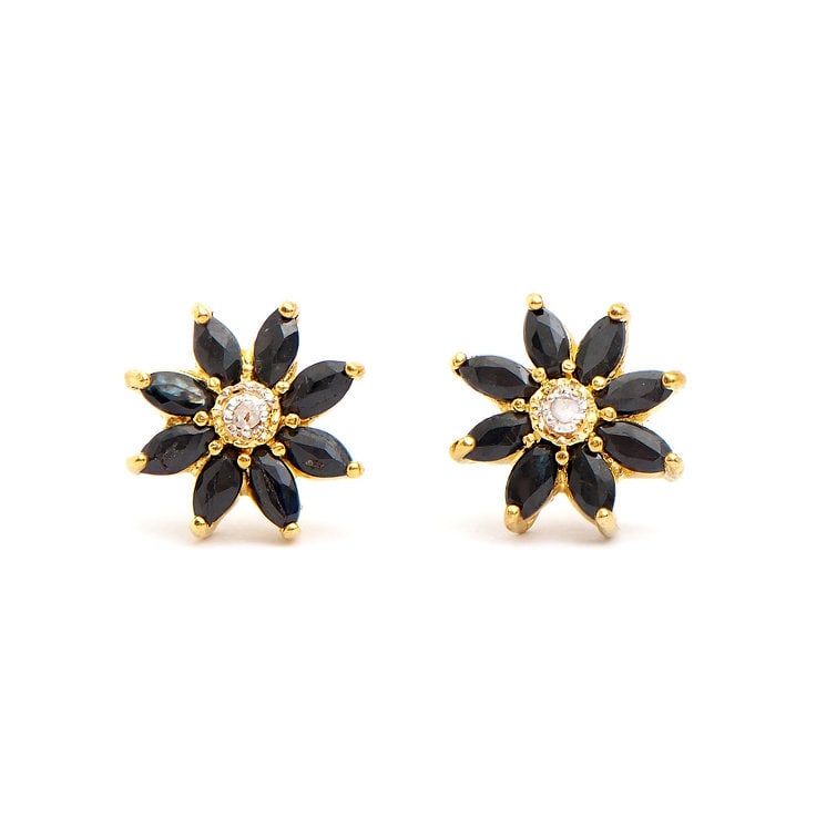 Plated 18KT Yellow Gold 1.63cts Sapphire and Diamond Earrings: One pair of Plated 18KT Yellow Gold 1.63cts Sapphire and Diamonds Earrings. (16) Black Sapphire stones with a total weight of 1.61cts. (2) diamonds with a total of 0.02cts with a color of H-I and clar