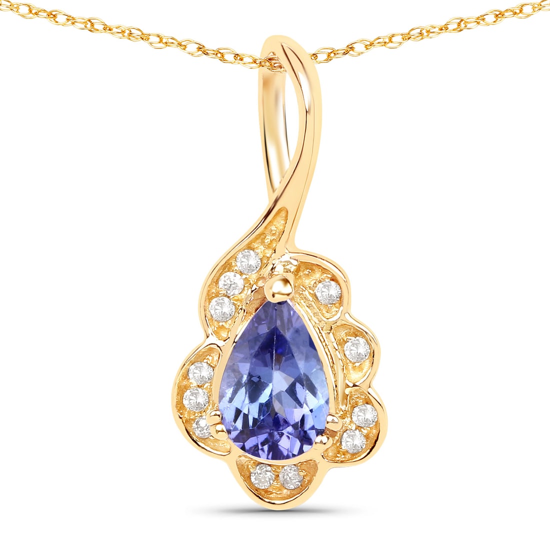 14KT Yellow Gold 0.40ctw Tanzanite and White Diamond Pendant: Tanzanite Pear/6x4mm - 1/0.37 ctw Prong Setting Natural Heat Treated E + White Diamond Round/0.80mm - 12/0.03 ctw Natural Not Treated N H-I I1. 18 inch chain. Total weight of 2.16 grams.