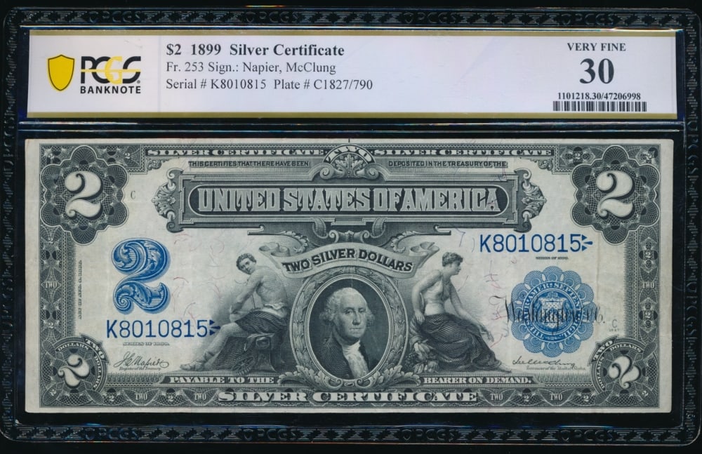 1899 $2 Mini Porthole Silver Certificate PCGS 30: One 1899 $2 Mini Porthole Silver Certificate PCGS 30.