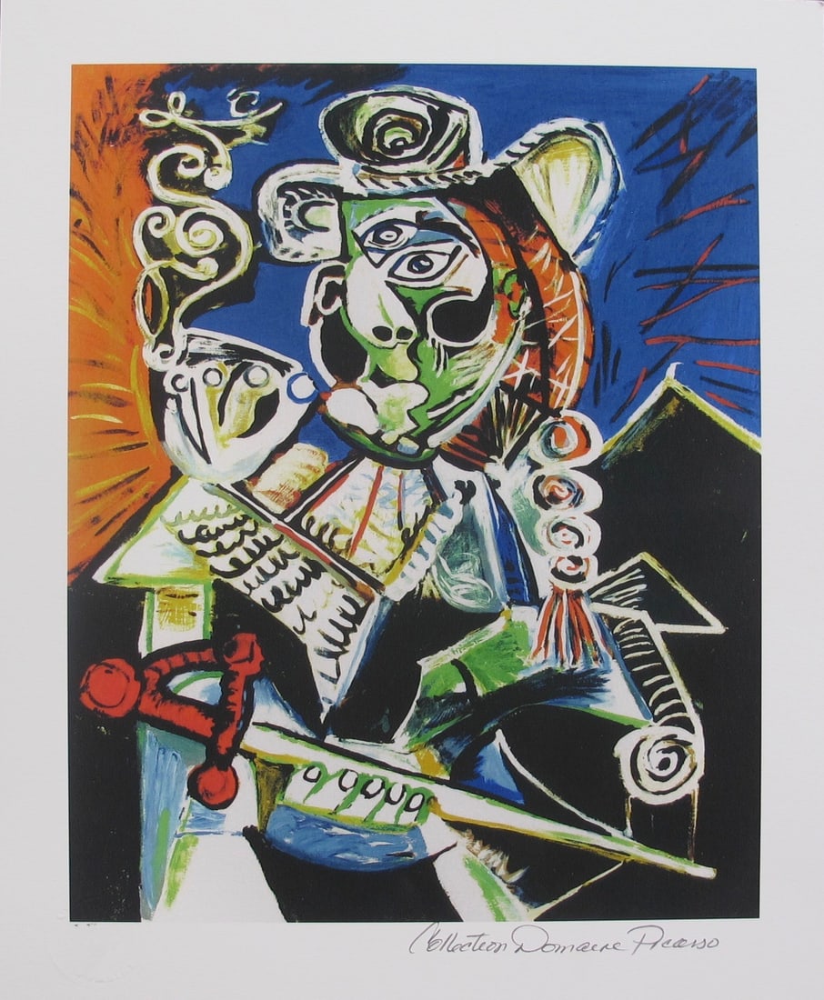 Picasso CAVALIER WITH PIPE Estate Signed Limited Edition Giclee: This is a PABLO PICASSO (ESTATE COLLECTION DOMAINE) (1881-1973) small giclee titled “CAVALIER WITH PIPE”. This piece is pencil signed on the lower right as ‘Collection Domaine Picasso’ and