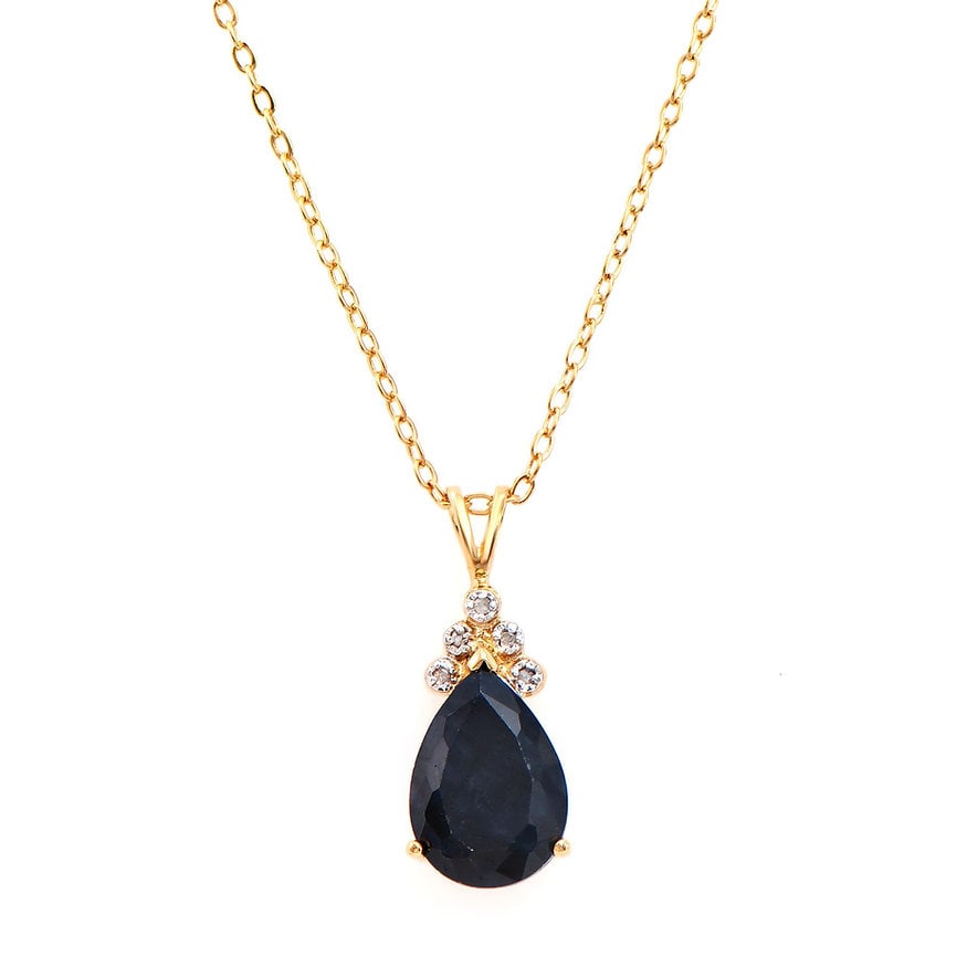 Plated 18KT Yellow Gold 6.06ctw Black Sapphire and Diamond Pendant with Chain: One Plated 18KT Yellow Gold 6.06cts Black Sapphire and Diamond Pendant with Chain. (1) Black sapphire center stone with a total weight of 6.06cts. (5) diamonds with a total of 0.05cts with a color of 