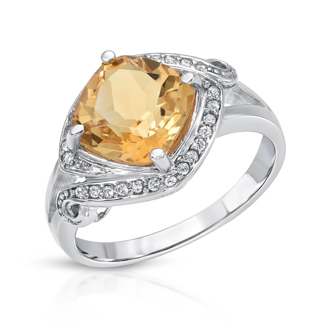 Plated Rhodium 2.90ctw Citrine and White Topaz Ring: 2.90 Carat Genuine Citrine and White Topaz .925 Sterling Silver Ring. Citrine Cushion/9.00mm - 1/2.90 ctw Prong Setting Natural Heat Treated N + White Topaz Round/1.00mm - 18/0.10 ctw Natural Heat Tre