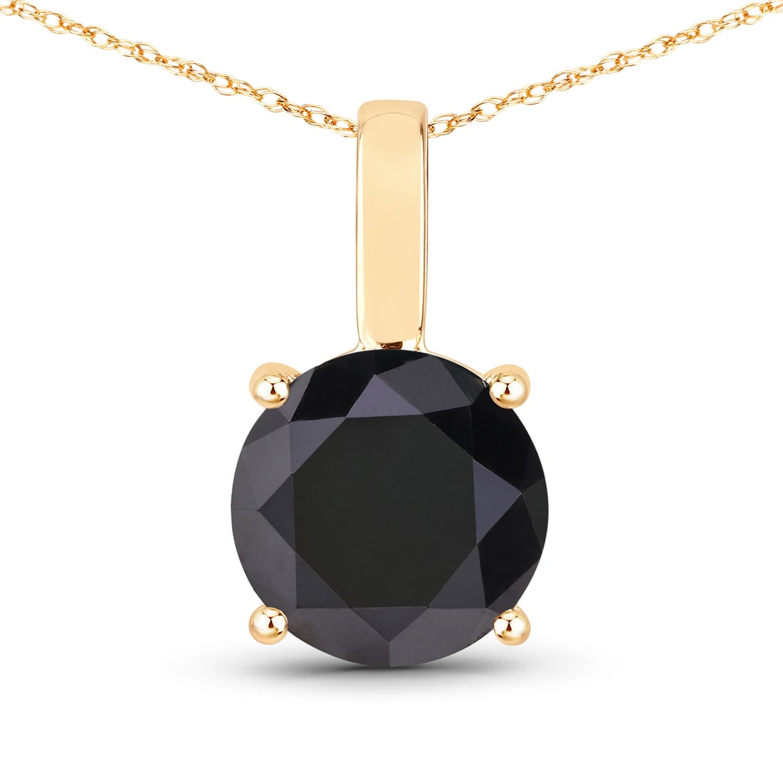 14KT Yellow Gold 3.12ctw Black Diamond Pendant: Black Diamond Round/8.60-9.00mm - 1/3.12 ctw Prong Setting Natural Irradiated N. 18 inch chain. Total weight of 1.74 grams.