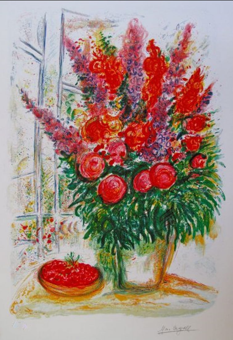 Marc Chagall Bouquet With Bowl Of Cherries: Marc Chagall limited edition small giclee titled “BOUQUET WITH BOWL OF CHERRIES”. This giclee is facsimile signed on the lower right and is pencil numbered on the lower left from an edition of