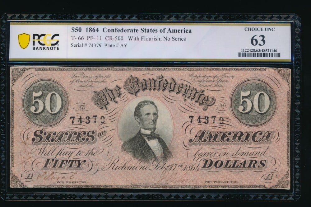 1864 $50 T-66 Confederate PCGS 63: One 1864 $50 T-66 Confederate PCGS 63.