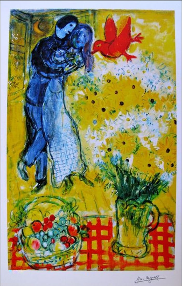 Marc Chagall Lovers And Daisies: Marc Chagall limited edition small giclee titled “LOVERS AND DAISIES”. This giclee is facsimile signed on the lower right and is pencil numbered on the lower left from an edition of 375. Paper