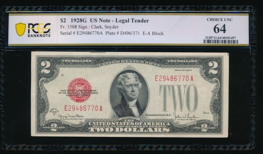 1928G $2 Legal Tender Note PCGS 64: One 1928G $2 Legal Tender Note PCGS 64.