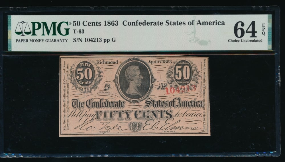 50 Cent 1863 T-63 Confederate PMG 64EPQ: One 50 Cent 1863 T-63 Confederate PMG 64EPQ.