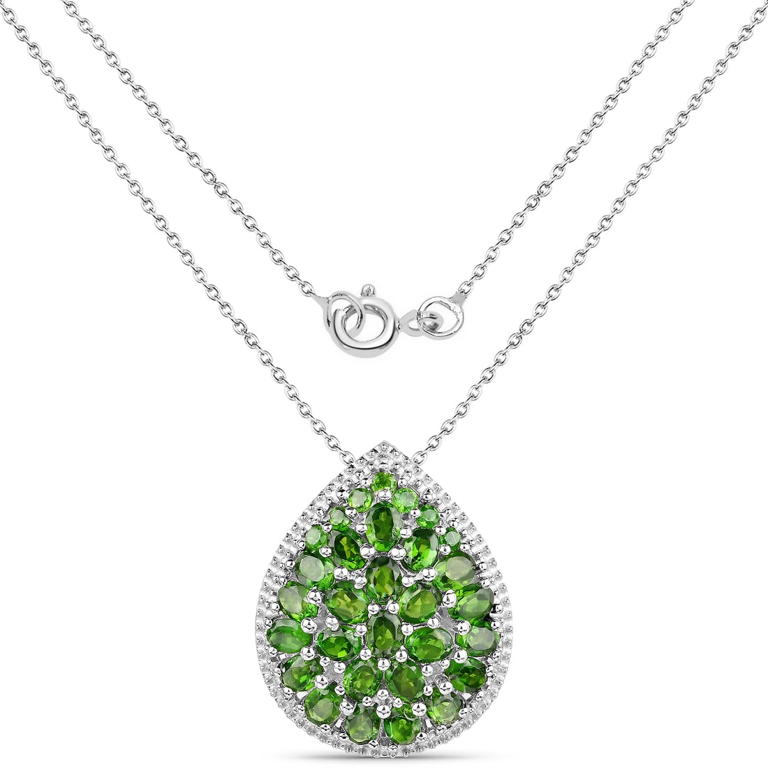 Plated Rhodium 4.65ctw Chrome Diopside Pendant with Chain: 4.65 Carat Genuine Chrome Diopside.925 Sterling Silver Pendant. Chrome Diopside Oval/4x3mm - 23/4.37 ctw Natural Not Treated E + Chrome Diopside Round/2.00mm - 7/0.28 ctw Natural Not Treated E. Total