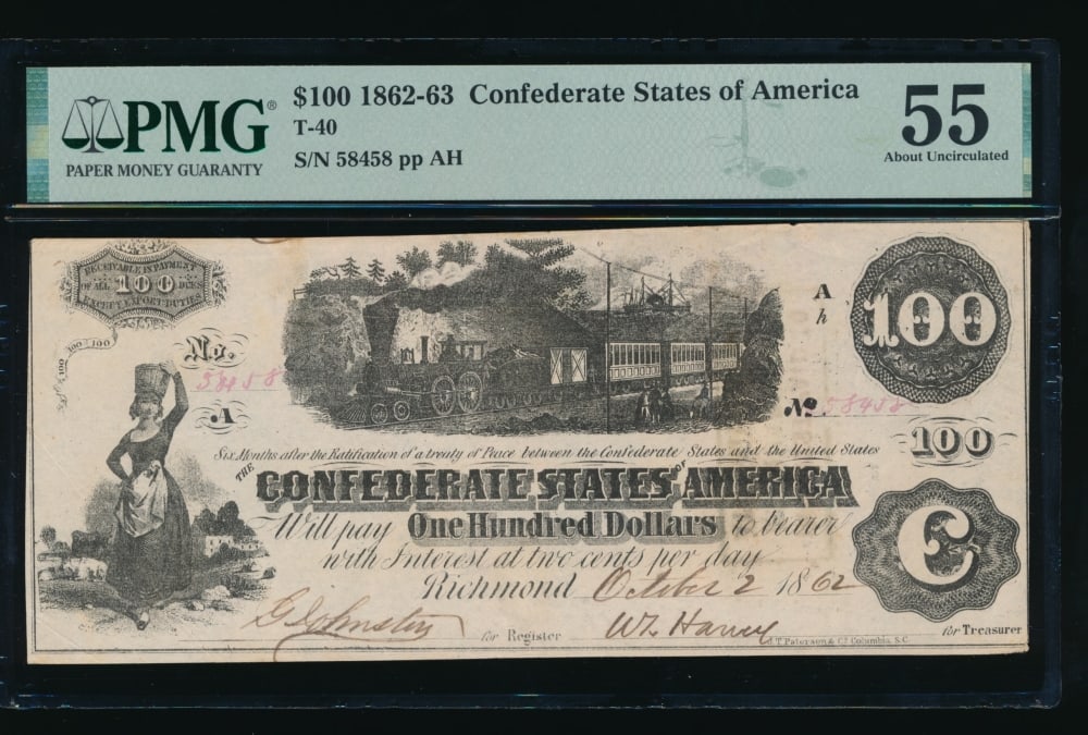1862-63 $100 T-40 Confederate PMG 55: One 1862-63 $100 T-40 Confederate PMG 55.